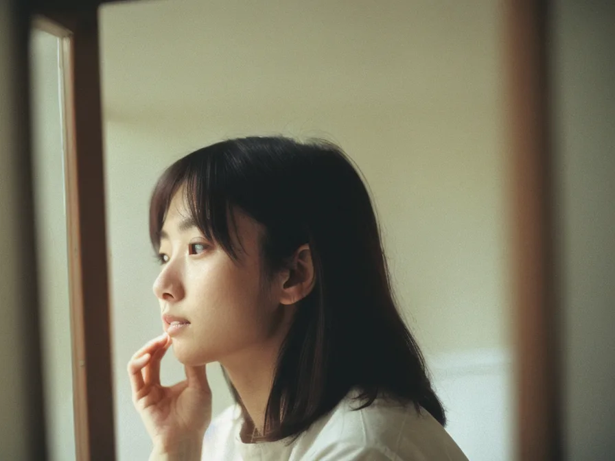 布を顔に当てて鏡で確認するステップのイメージ