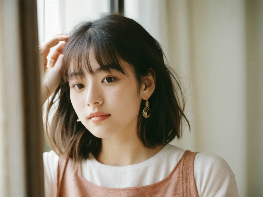 白い服とシルバーアクセサリーでブルベ冬をセルフチェックする女性