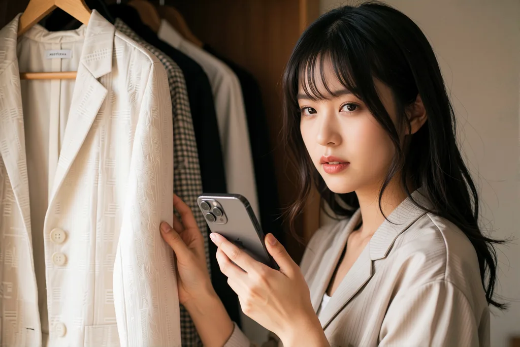 診断結果をもとに手持ちの服の素材とシルエットを見比べている様子
