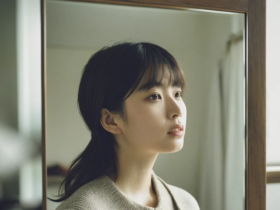 鏡の前で自分の骨格をセルフチェックする女性