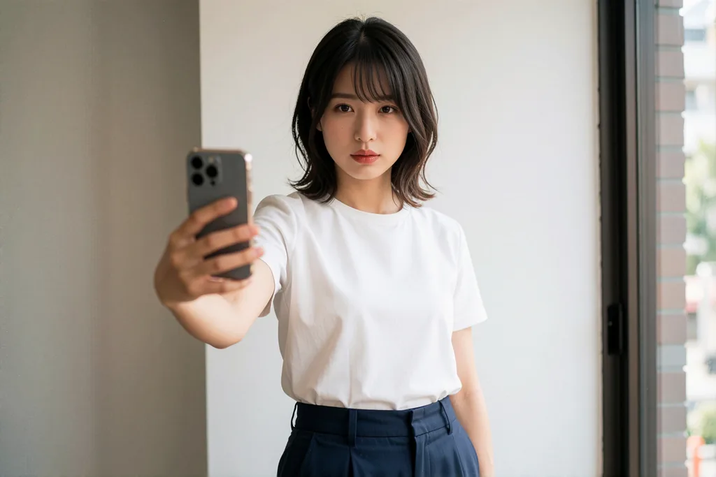 自宅で全身写真を撮影してAI骨格診断を試そうとしている様子